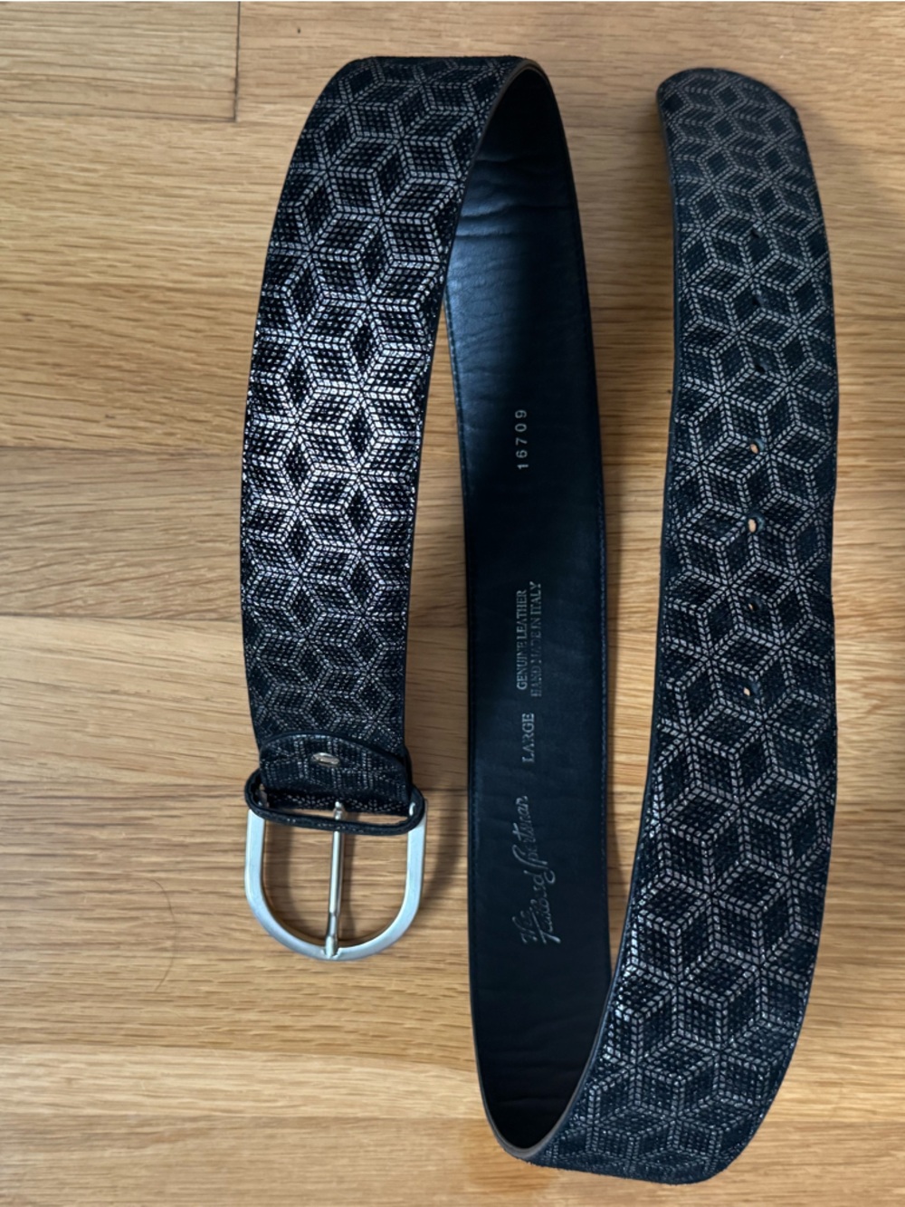 The Tailored Sportsman Black Geometric Embossed Leather Belt with Silver Buckle